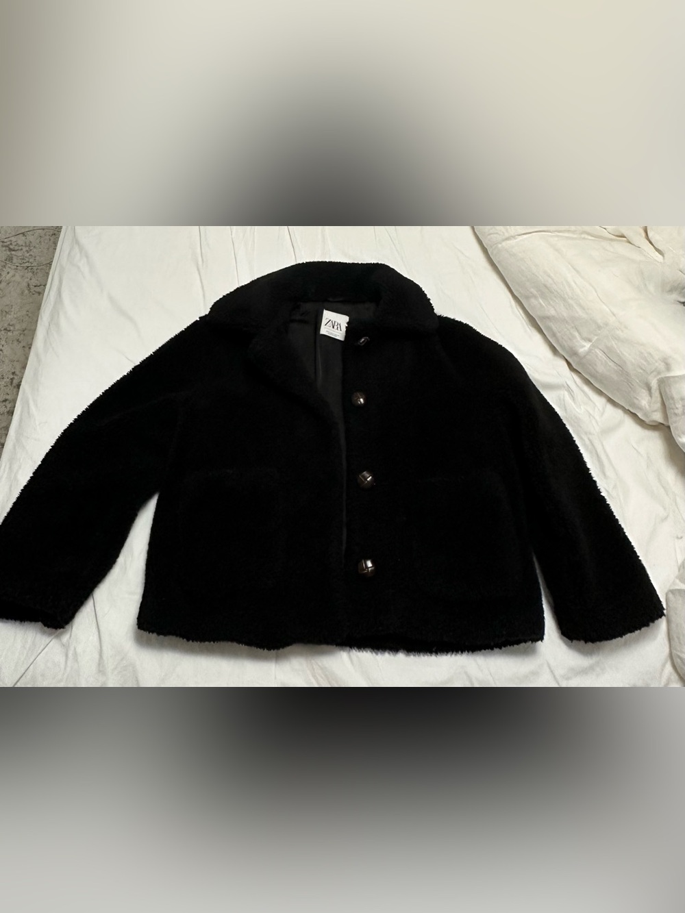 Zara Black Faux Fur Teddy Button-Up Coat size S